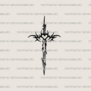 May include: A black, stylized sword design with tribal-inspired elements. The sword features a cross-like hilt with a heart shape in the centre and a pointed blade. The design is set against a neutral background.