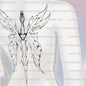 Könnte beinhalten: Ein schwarz-weißes Grafikdesign eines stilisierten Schmetterlings- oder Feenflügeldesigns. Das Design ist symmetrisch und scheint ein Tattoo oder Body Art zu sein. Das Bild hat den Text "COPYRIGHT BY SERVINGSOMELINES" wiederholt.