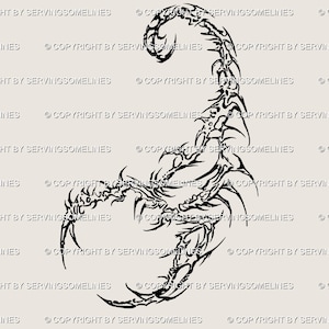 May include: A black scorpion design with detailed lines and curves. The scorpion is presented in a tribal style, with a curled tail and detailed claws. The image includes the text "COPYRIGHT BY SERVINGSOMELINES".