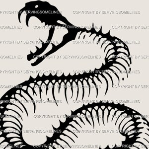 May include: A monochrome illustration of a snake skeleton, featuring a detailed depiction of the skull and spine. The design has an open mouth and is set against a neutral background. Copyright by SERVINGSOMELINES.