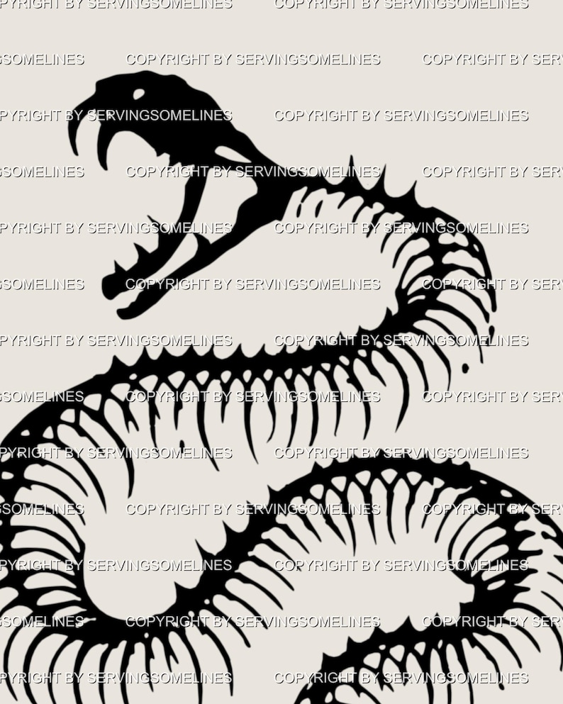 May include: A monochrome illustration of a snake skeleton, featuring a detailed depiction of the skull and spine. The design has an open mouth and is set against a neutral background. Copyright by SERVINGSOMELINES.