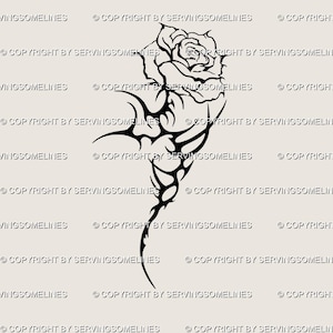 Può includere: Un disegno di tatuaggio di rosa in bianco e nero con elementi tribali. Il disegno presenta un fiore di rosa dettagliato in alto, che si trasforma in uno stelo con intricati motivi tribali. L'immagine è su uno sfondo neutro.