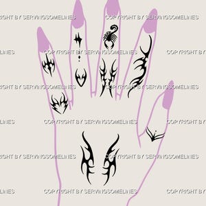 May include: An illustration of a hand featuring black tattoo designs on the fingers and nails. The designs include a scorpion, tribal patterns, and geometric shapes. The nails are painted a light purple colour.