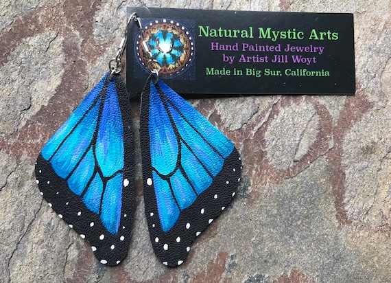 Morpho Butterfly Earrings, Hand Painted on both sides Leather