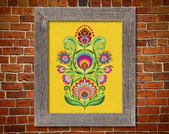 Papercut Style Wall Art. Polish Folk Art Print Yellow Background. Wycinanki Flowers. 5 x 7 8 x 10 or 11 x 14. European Style Gift.