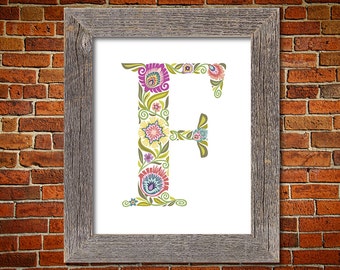Folk Art Floral Botanical Personalized Print in Polish Wycinanki Flower Papercut style Letter F Initial Monogram Gift Choice of 7 Colors