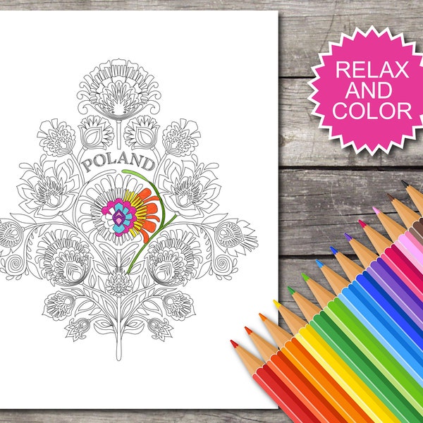 Polish Folk Art Floral Coloring 8 Different Pages Wycinanki Digital Download Instant Moravian Style