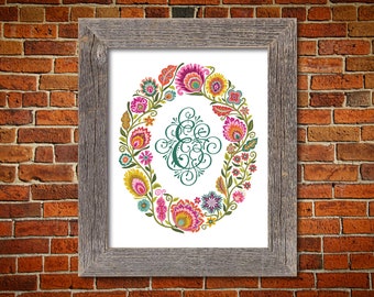 Personalized Gift Polish Folk Art Wycinanki Flower Papercut Style Oval Floral Print Choice of Initial and Color Decorative Monogram Gift