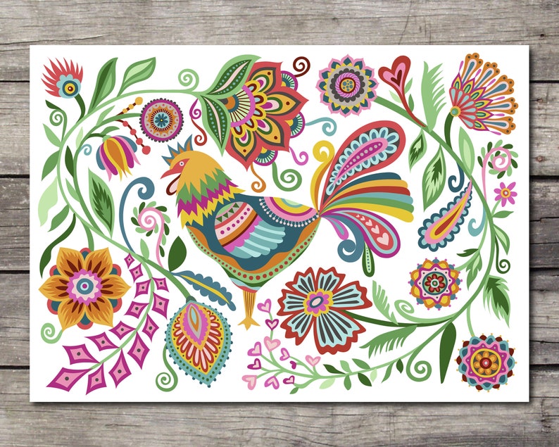 Rooster Blank Note Cards Happy and Joyful Cards. Folky Style Florals Polish Folk Greeting Card Set