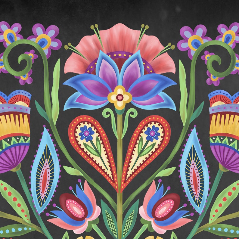 Floral Art Print 8x10 11x14 Botanical Folk Style Etsy