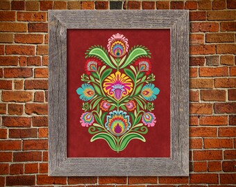 Wycinanki Flowers on Burgundy. Polish Folk Art Print.  5 x 7  8 x 10 or 11 x 14. Floral European Style Gift. Papercut Style Wall Art.
