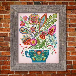 Folk Style Floral Teacup Bouquet Art Print Botanical Mandala Flowers 8x10 11x14 “Grateful” for Housewarming Birthday