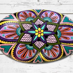 Oval Mandala Stone. Hand Painted Rock. Colorful Pretty One of a Kind Stone. Meditation Paperweight. Uplifting Art for your desk.