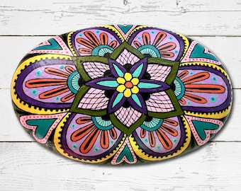 Oval Mandala Stone. Hand Painted Rock. Colorful Pretty One of a Kind Stone. Meditation Paperweight. Uplifting Art for your desk.
