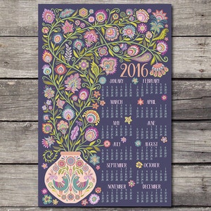 2016 Tea Towel Calendar Floral Polish Wycinanki Style Botanical Folk Art Flower  Housewarming Gift Wall Hanging Hostess Gift