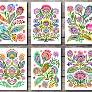 Poolse volkskunstkaarten. Set van 6 blanco wenskaarten. Wycinanki bloemenkaarten in papiersnijstijl.