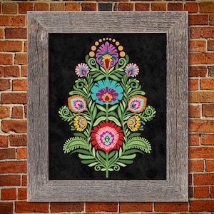 Polish Folk Art Print. Wycinanki Flowers on Black. 5 x 7 8 x 10 or 11 x 14. Floral Botanical Gift. Papercut Style Wall Art.