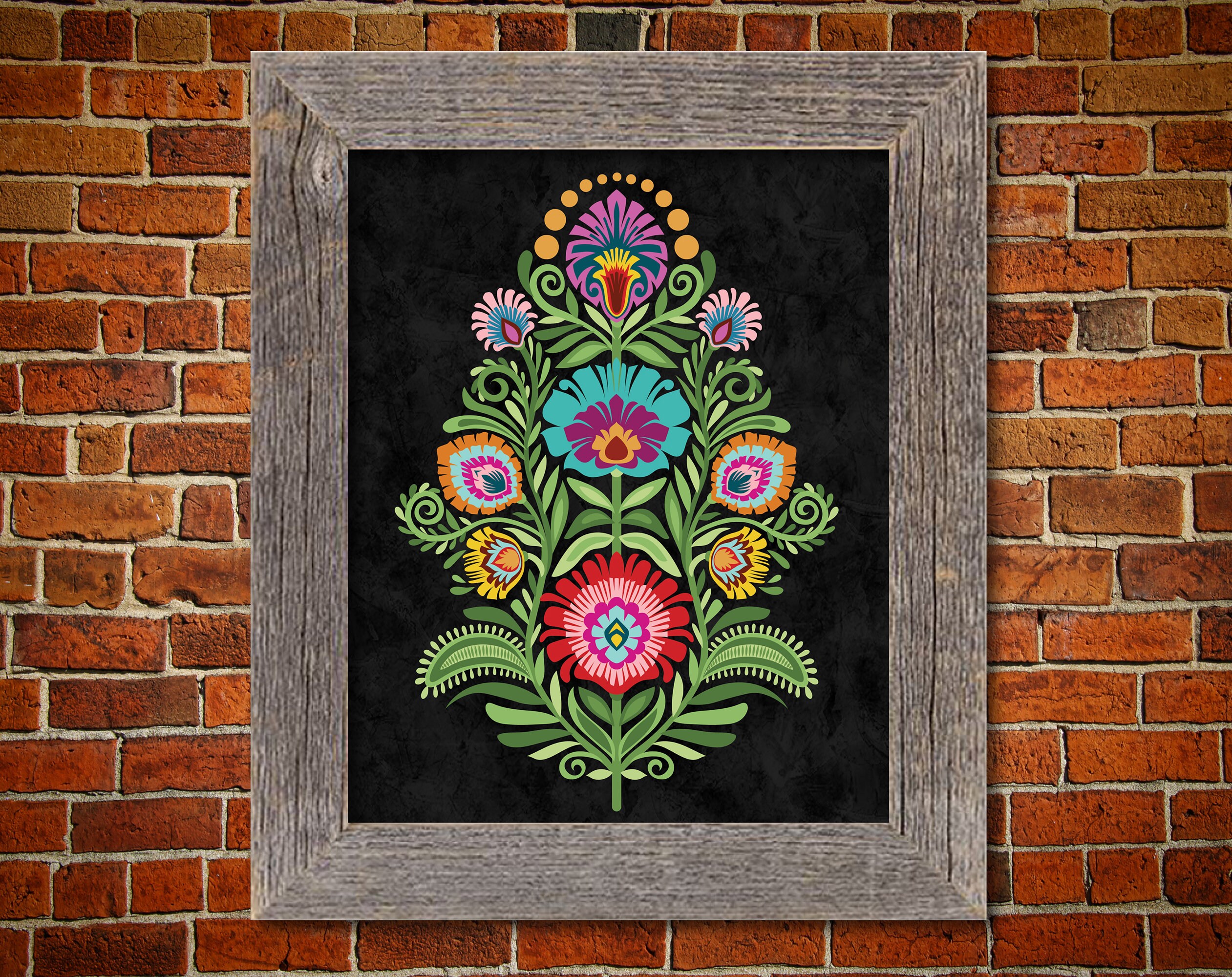 Polish Folk Art Print. Wycinanki Flowers on Black. 5 X 7 8 X 10 or