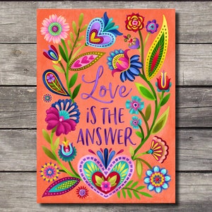 May include: A colorful floral design with a heart in the center. The text "Love is the answer" is written in purple lettering.