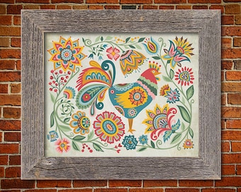May include: A colorful rooster illustration with a folk art style, surrounded by flowers and leaves in shades of red, yellow, blue, green, and orange. The background is a light beige.