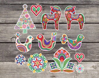 Boho Christmas Sticker Sheet Set. Folk Style Birds and Dala Horse. Colorful Snowflake Stickers. Bright and Cheerful Colors. Set of 2. SS119