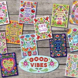 Mini cartões de incentivo inspirados à mão com citações positivas, conjunto de 12 coloridos, edificantes e alegres