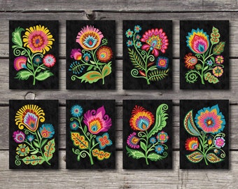 Peut inclure: Huit cartes noires et blanches avec des motifs floraux colorés. Chaque carte présente un motif floral différent avec des couleurs rose, jaune, bleu et vert.
