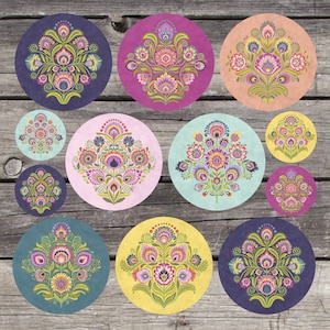 Polish Folk Art Sticker Sheet. Wycinanki paper cut style flowers.  Folk style florals. Blossom Colors. Kiss cut sticker sheets.