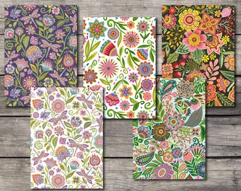 Blank Note Cards. Folk Floral Botanical Notes. Greeting Cards with Flowers. Set of 5 with Envelopes.