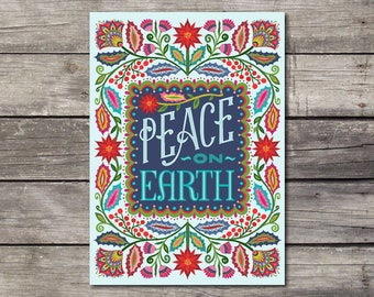 Colorful Christmas Card. Peace on Earth Holiday Note Card. Folk Style Holiday Greeting Card. Colorful and Cheerful Card for Christmas.