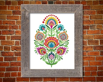 Wycinanki Flowers on White. Polish Folk Art Print.  Papercut Style Wall Art. 5 x 7 8 x 10 or 11 x 14. Floral Botanical Gift.