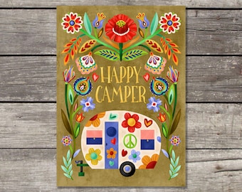Floral Folk Art Hand Lettered "Happy Camper" Blank Greeting Card with Folky Style Colorful Flowers Perfect for Moving Travel Retirement.