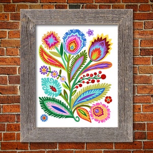 Floral Wycinanki Botanical Folk Art Print. Polish Folk Art. 5 x 7 8 x 10 or 11 x 14 size. Papercut Style Flowers. Happy Art.