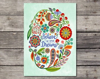 Believe in Your Dreams Quote Floral Folk Art Botanical Blank Greeting Card