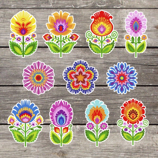 Polish Folk Art Sticker Sheet. Wycinanki paper cut style flowers. Folk style florals. Kiss cut sticker sheets. SS106