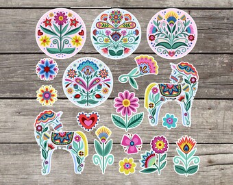 Dala Horse Theme Stickers for Planner. Scandinavian Style for laptop. Scandi Florals. Kiss Cut. Matte or Gloss.