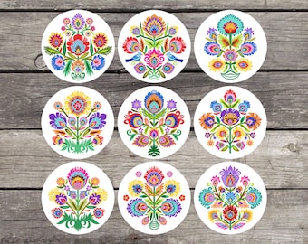 Wycinanki Round Medallion Stickers. Polish Folk Art Sticker Sheet. Folk style florals. Kiss cut sticker sheets. 9 High Quality Stickers.