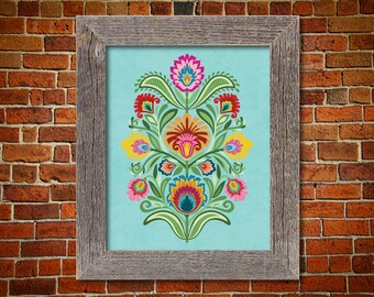Papercut Style Wall Art. Wycinanki Flowers on White. Polish Folk Art Print. 5 x 7 8 x 10 or 11 x 14. Floral European Style Botanical Gift.
