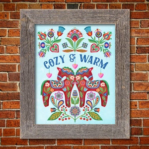 Cozy and Warm Folk Style Dala Horses 8 x 10 or 11 x 14 Winter Holiday Themed Painted Art Print for Christmas or Winter Holiday Gift