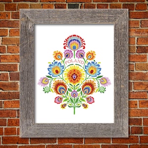 Polish Folk Art Print Wycinanki Flower Folk Colors 5 x 7 8 x 10 or 11 x 14 Floral Botanical Gift Black or White