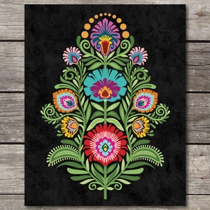 Polish Folk Art Print. Wycinanki Flowers on Black. 5 X 7 8 X 10 or 11 X ...