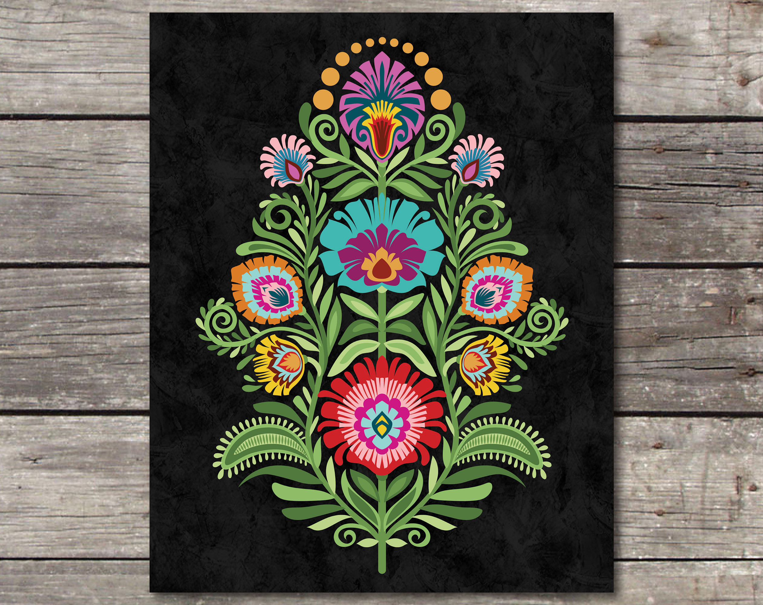 Polish Folk Art Print. Wycinanki Flowers on Black. 5 X 7 8 X 10 or
