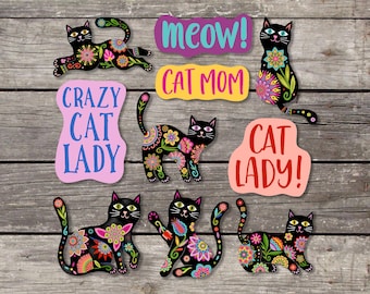 Crazy Cat Lady Black Cat Stickers. Folk Style Kitties. Cat Lady Sticker. Funny Colorful Cat Stickers. Choice of Matte or Gloss. SS150