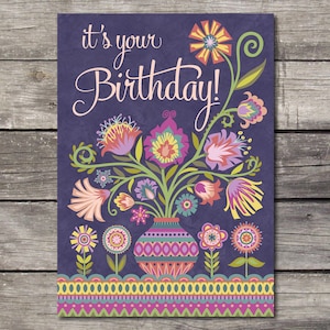 It's Your Birthday Cheerful Floral Blank Greeting Card Folk Happy Art Botanical Flowers