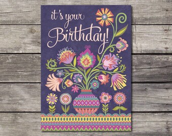 It's Your Birthday Cheerful Floral Blank Greeting Card Folk Happy Art Botanical Flowers