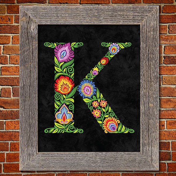 Polish Folk Art Wycinanki Flower Papercut style Letter K Floral Botanical Personalized Print Initial Monogram Gift Choice of 7 Colors