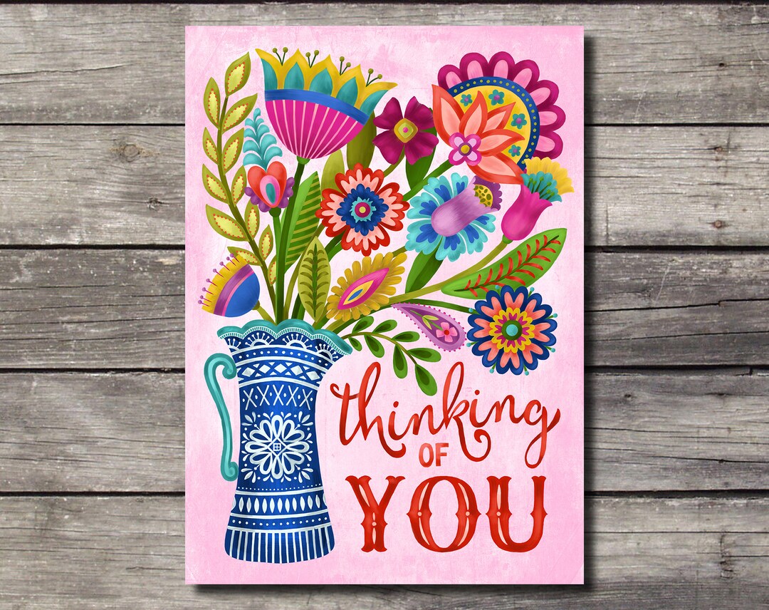 Flowery Thinking of You Greeting Card Floral Art Botanical Blank Inside ...