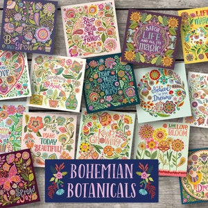 May include: A set of 12 colorful illustrated cards with floral designs and inspirational quotes. The cards feature a variety of flowers, butterflies, and other botanical elements. The quotes include "Grow Love", "Savor Life", "Keep Growing", and "Spread Joy".