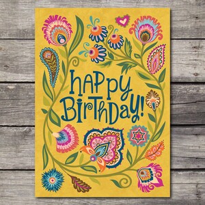 Happy Birthday Cheerful Blank Greeting Card Quote Floral Folk Happy Art Botanical Flowers