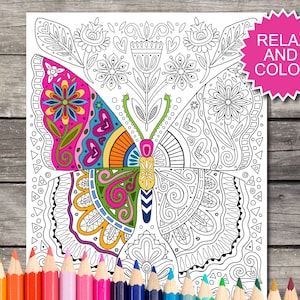 Butterfly Folk Art Floral Coloring 9 Different Pages with Flowers Digital Download Instant Fun to Color